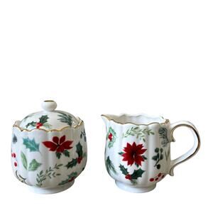 Grace Teaware Christmas Holly Poinsettia Porcelain Sugar & Creamer Set New